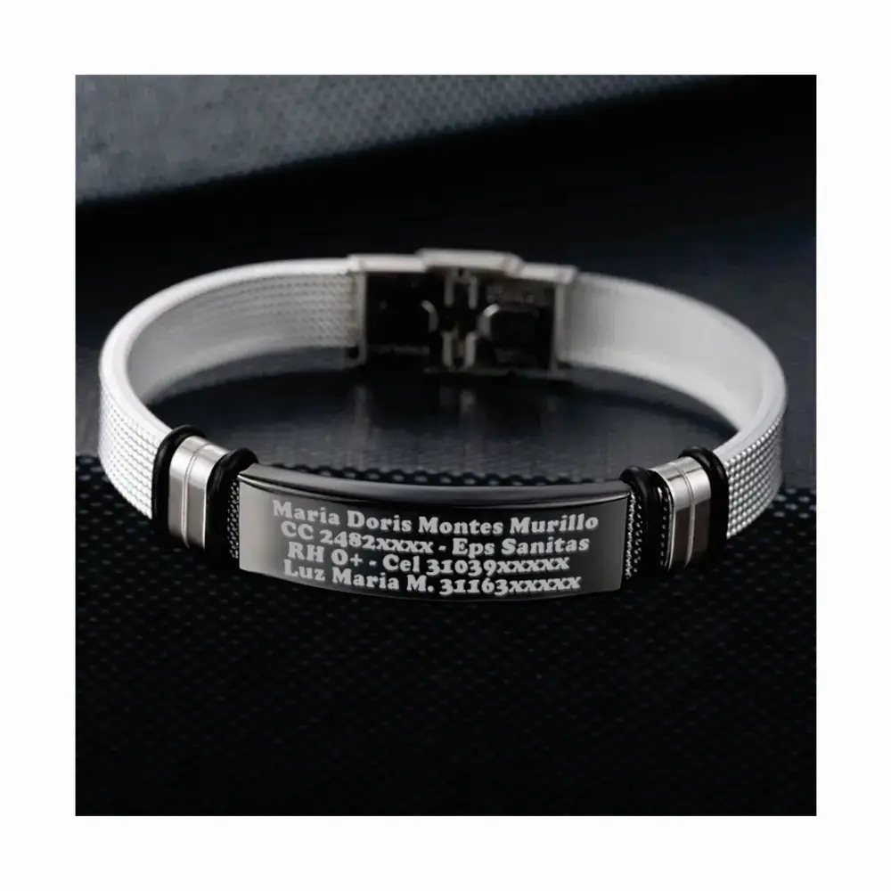 blanco 03 Pulsera Manilla identificación, grabada con tus datos personales en Placa en Acero Inoxidable, Distribuciones Santander