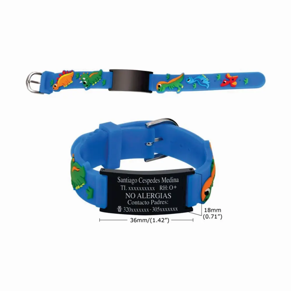 01 Manilla azul placa negra para niño id datos grabada en láser