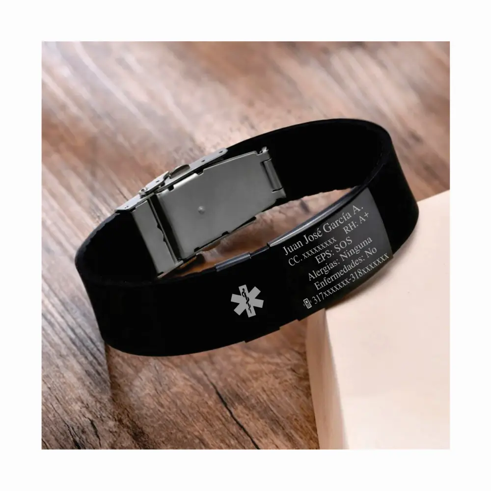 01 A Pulsera Manilla identificación, grabada con tus datos personales en Placa en Acero Inoxidable, Distribuciones Santander