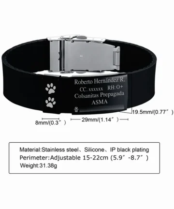 Pulsera Manilla identificación, grabada con tus datos personales en Placa en Acero Inoxidable, Distribuciones Santander