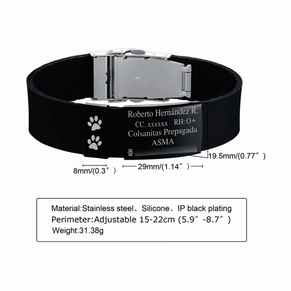 01 B Pulsera Manilla identificación, grabada con tus datos personales en Placa en Acero Inoxidable, Distribuciones Santander