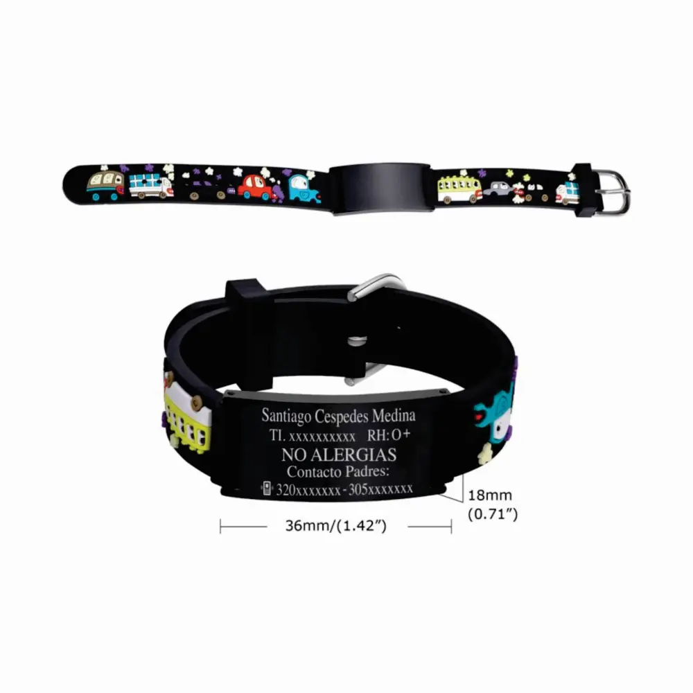 01e Manilla negra para niño id datos grabada en láser