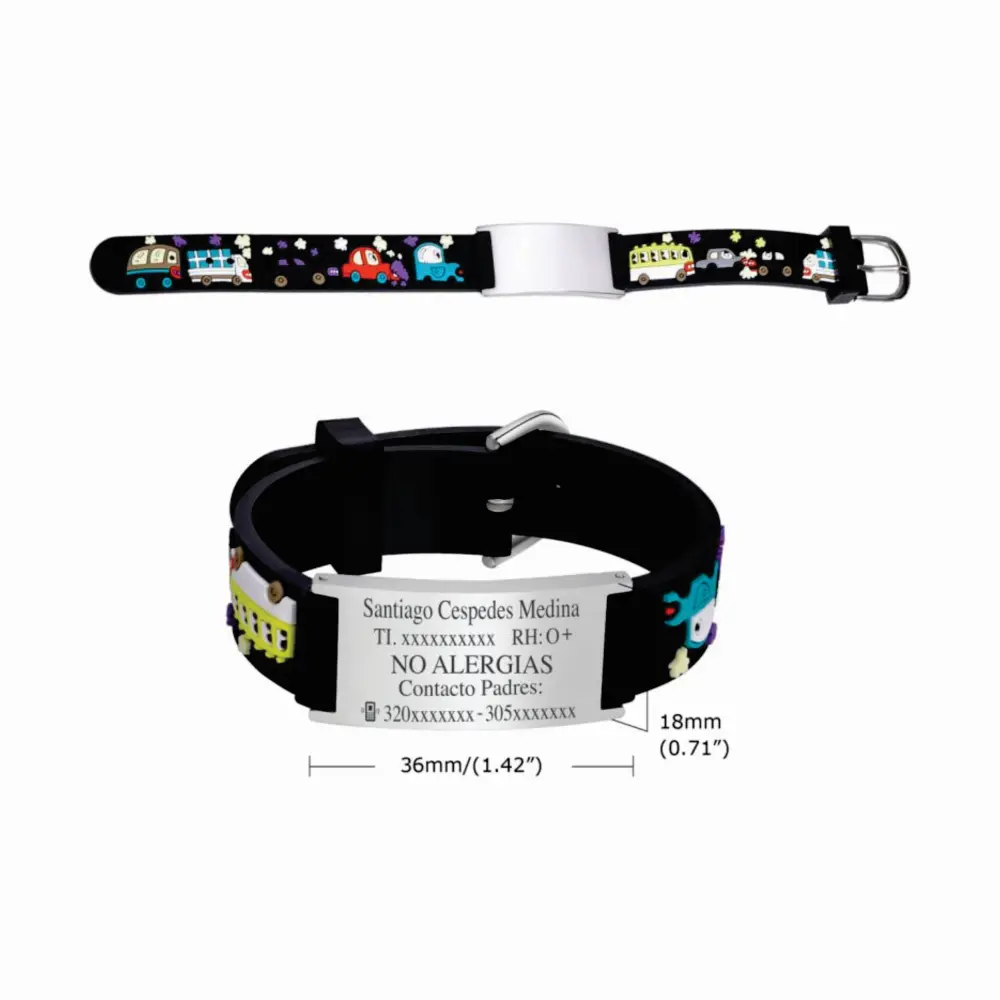 01f Manilla negra para niño id datos grabada en láser