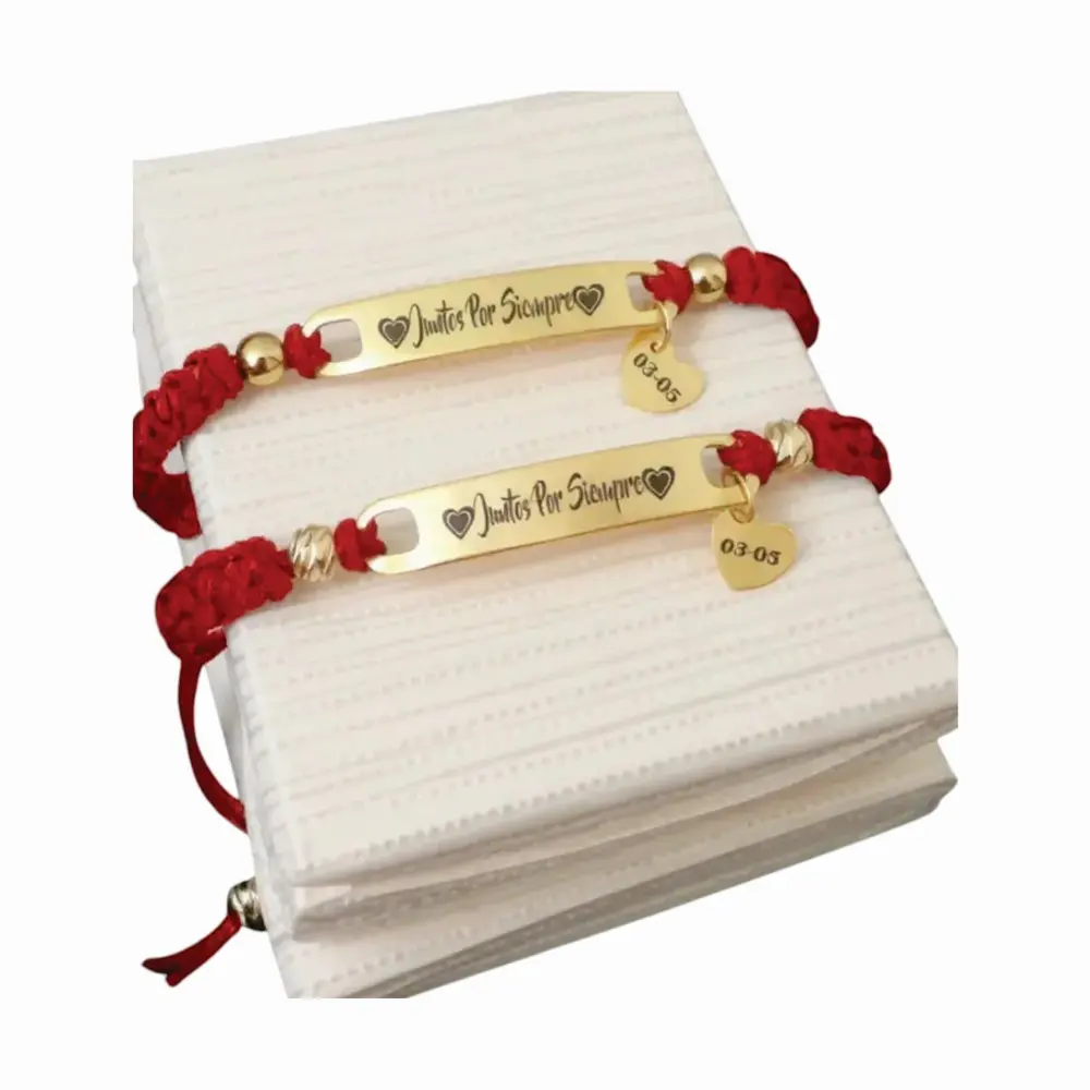 02 Manilla Pulsera tejida placa en acero grabada láser