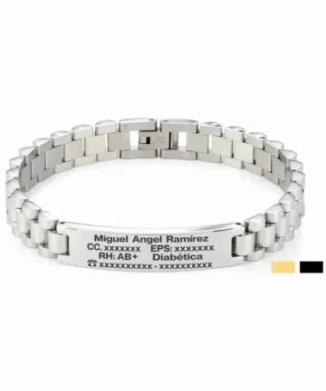 Pulseras identificación en acero inoxidable grabadas en láser color plata