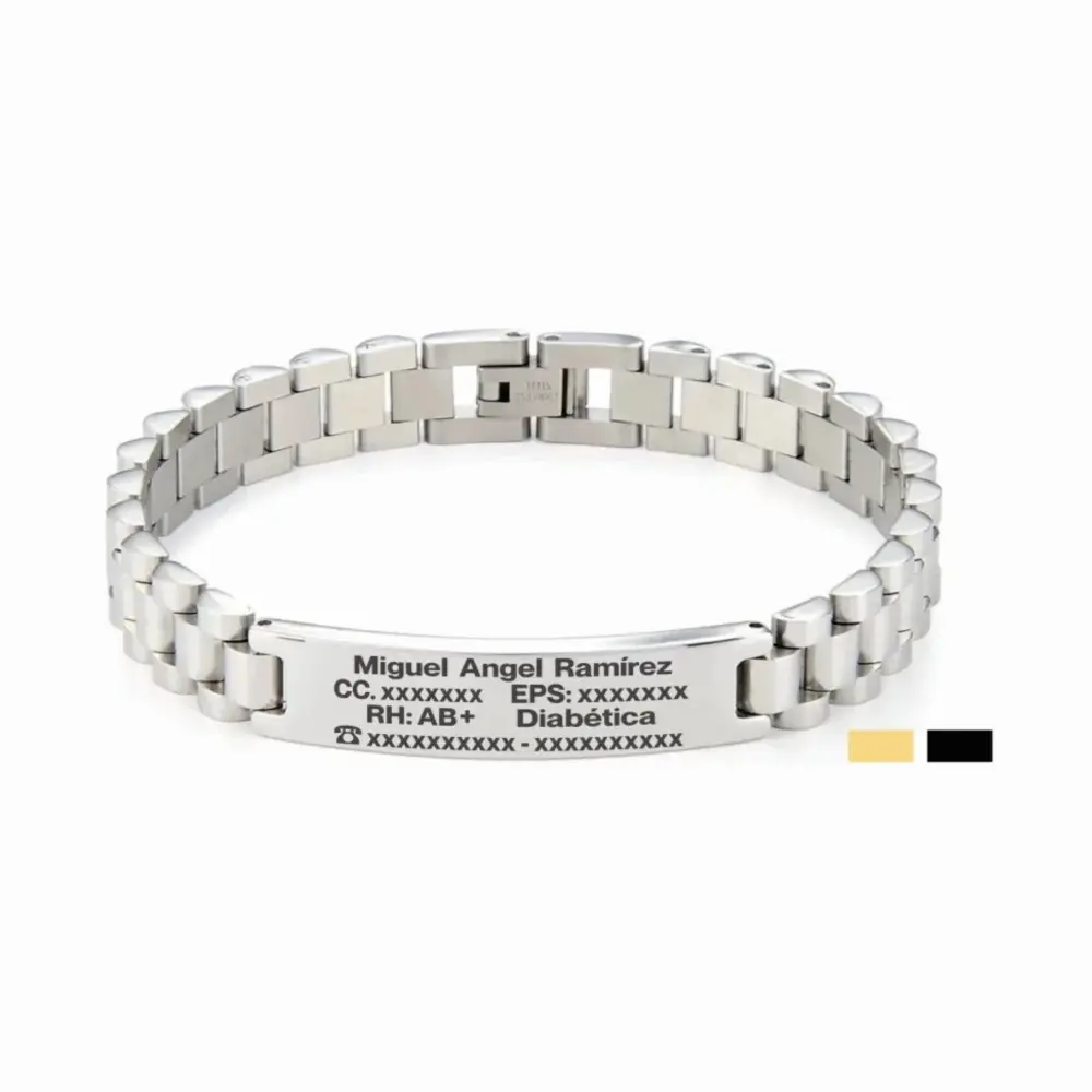 ACERO Pulseras identificación en acero inoxidable grabadas en láser color plata