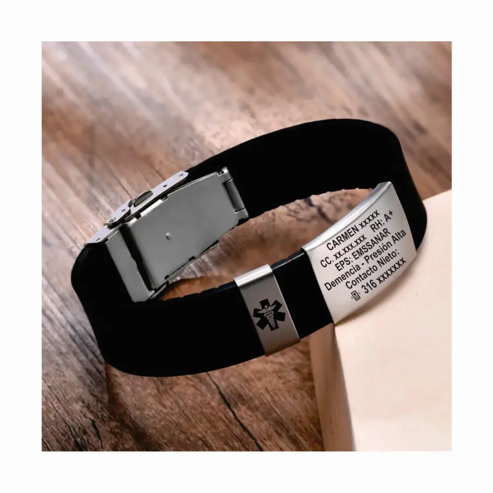 PULSERA GRUESA 01 Pulsera Manilla identificación, grabada con tus datos personales en Placa en Acero Inoxidable, Distribuciones Santander