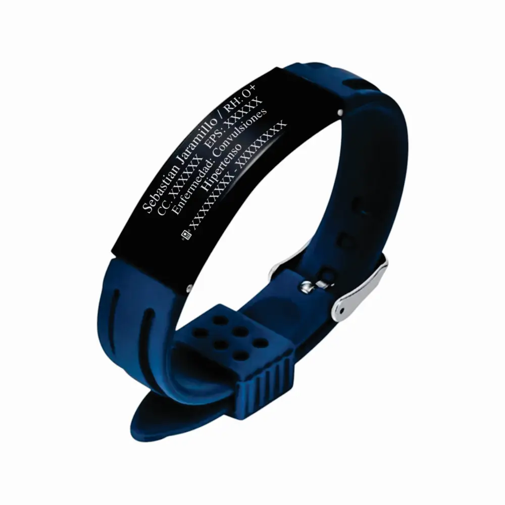 RELOJ Manilla identificación, grabada con tus datos personales en Placa en Acero Inoxidable, Color Azul - Distribuciones Santander