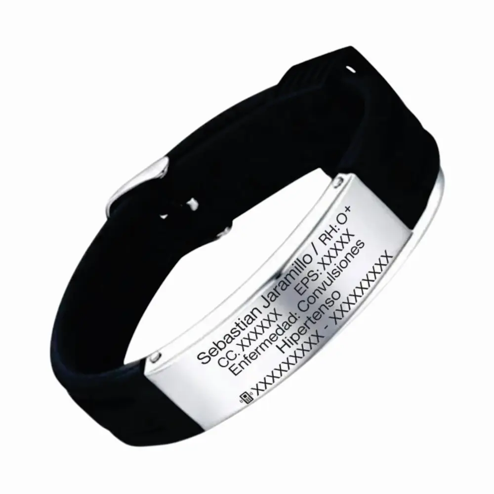RELOJ BB Pulsera Manilla identificación, grabada con tus datos personales en Placa en Acero Inoxidable, color Negro Distribuciones Santander