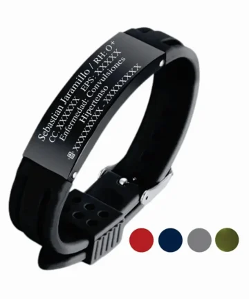Pulsera , grabada con tus datos personales en Placa en Acero Inoxidable, Color Negro placa Negra - Distribuciones Santander