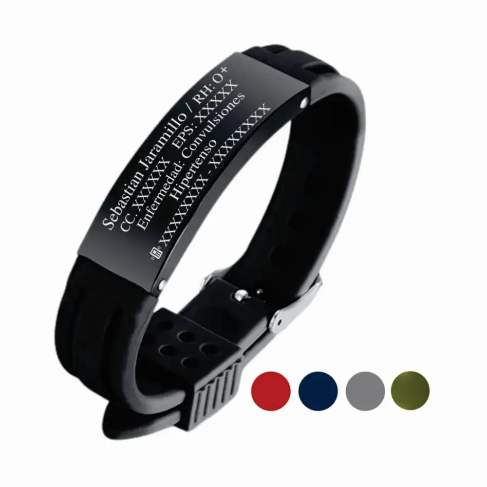 RELOJ E Pulsera , grabada con tus datos personales en Placa en Acero Inoxidable, Color Negro placa Negra - Distribuciones Santander