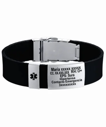 Color pulsera negra placa plateada Manilla identificación, grabada con tus datos personales en Placa en Acero Inoxidable, Distribuciones Santander