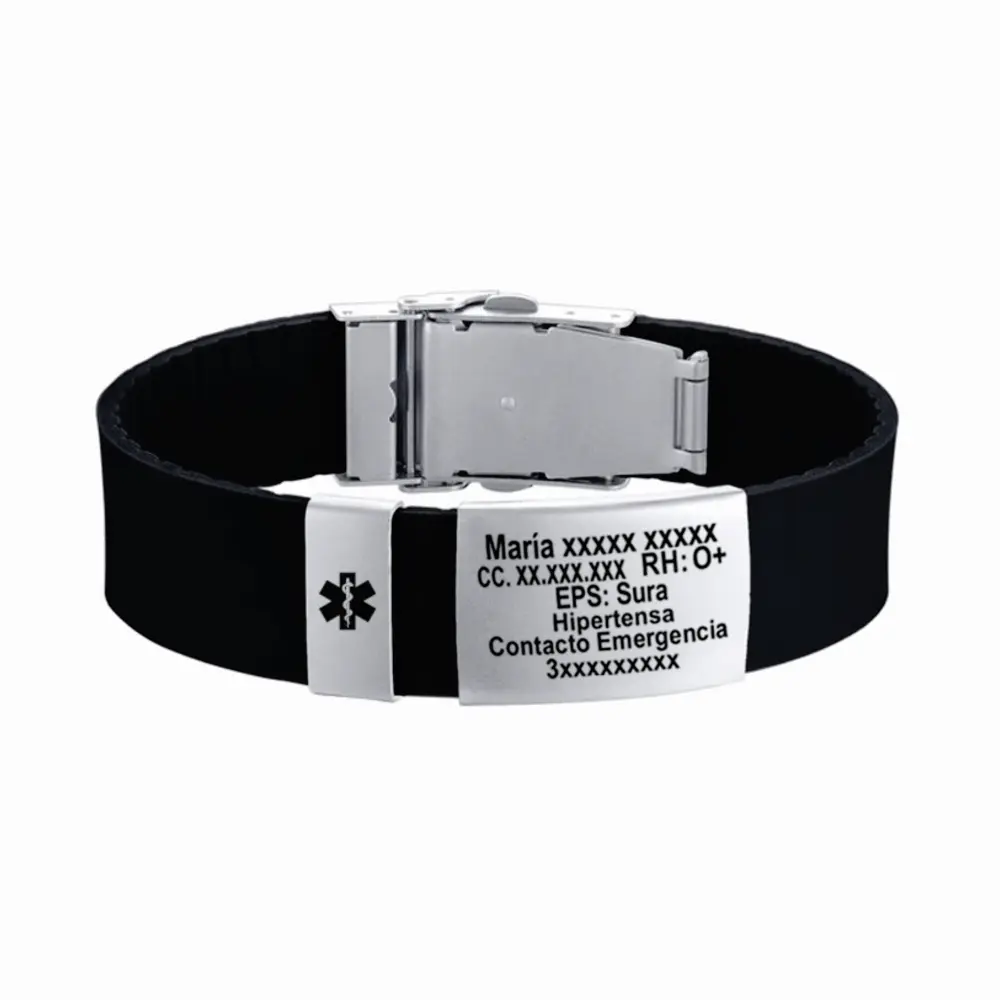 Manilla Color pulsera negra placa plateada Manilla identificación, grabada con tus datos personales en Placa en Acero Inoxidable, Distribuciones Santander