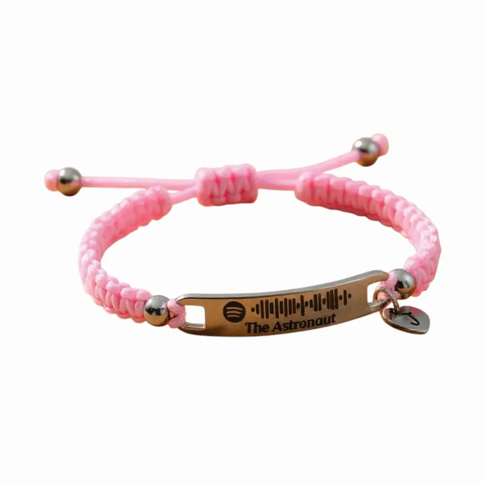 blanco02 Manilla Pulsera tejida Rosada placa en acero grabada láser