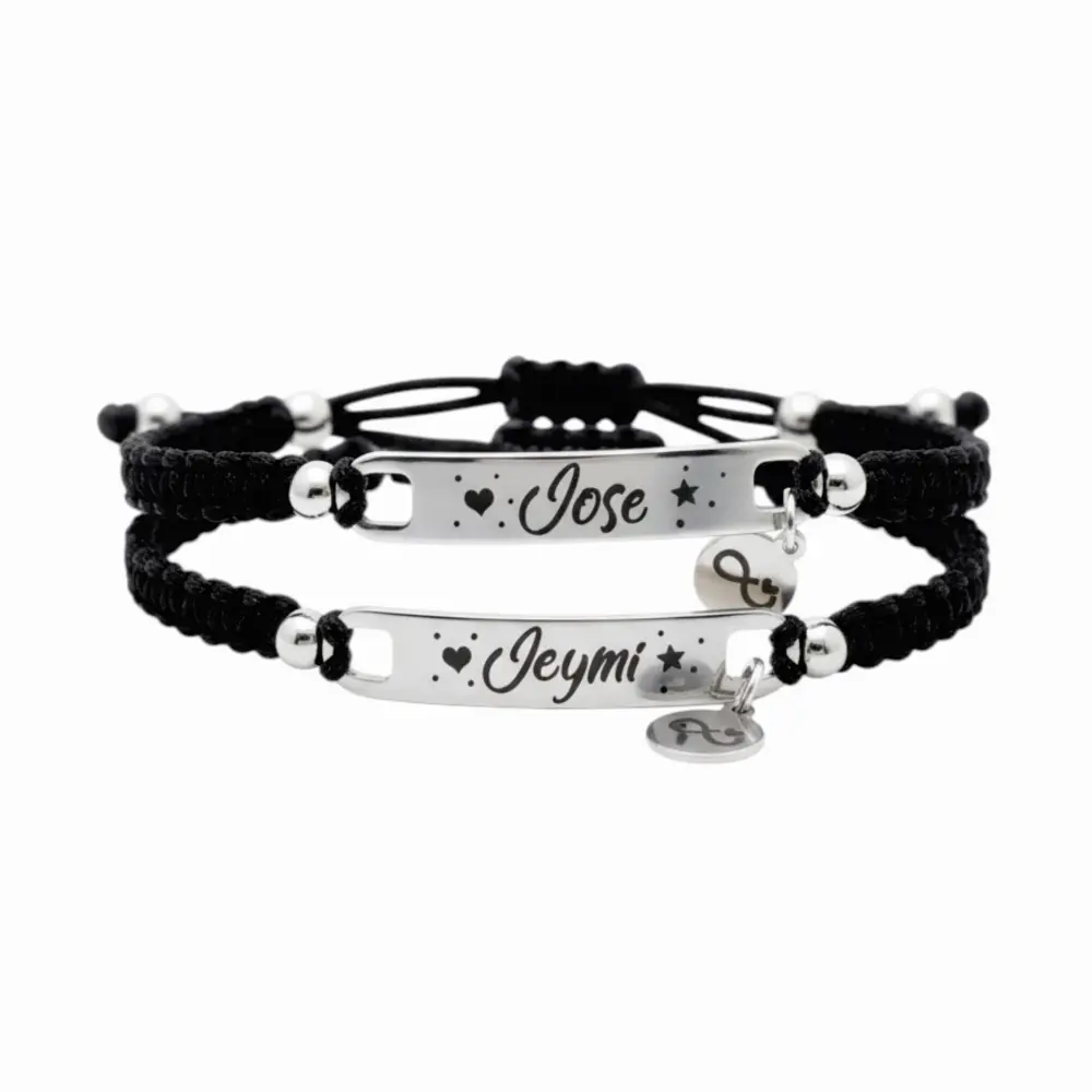 blanco04 Manilla Pulsera tejida negra placa en acero grabada láser