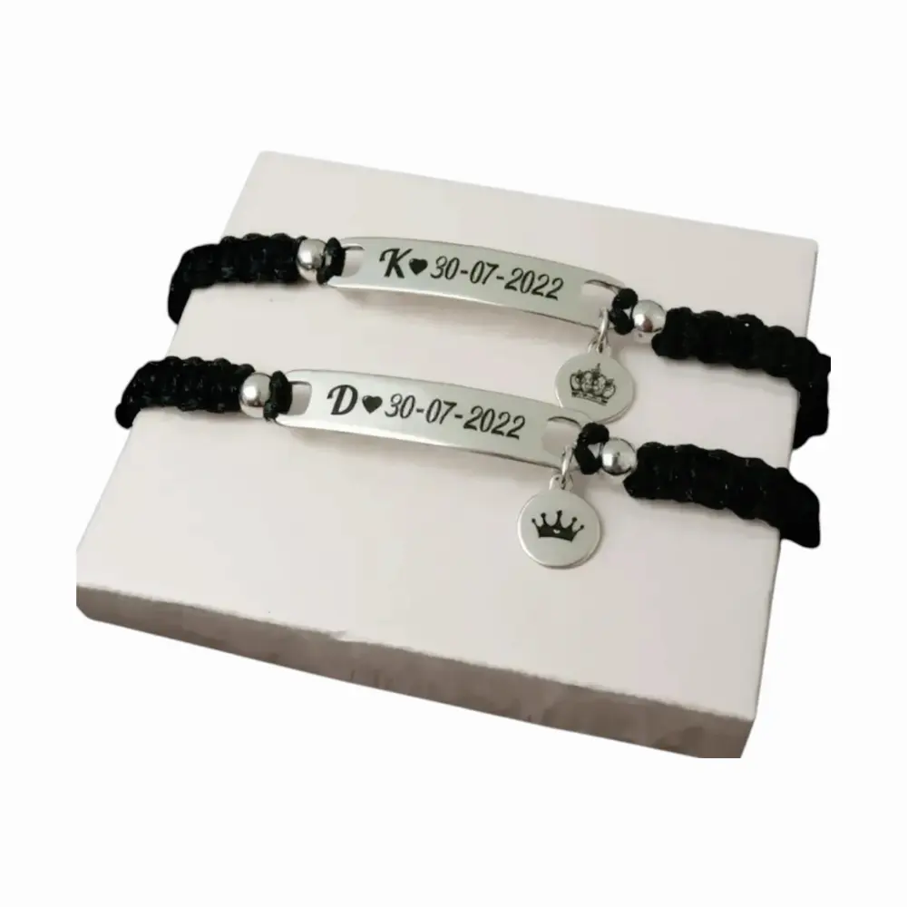 negra Manilla Pulsera tejida negras placa en acero grabada láser