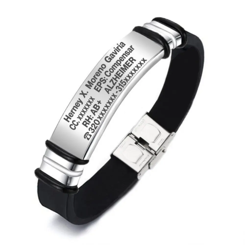 04 Manilla color Negro placa color plata, grabada con tus datos personales en Distribuciones Santander