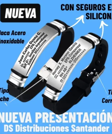 Pulsera Manilla identificación, grabada con tus datos personales en Distribuciones Santander
