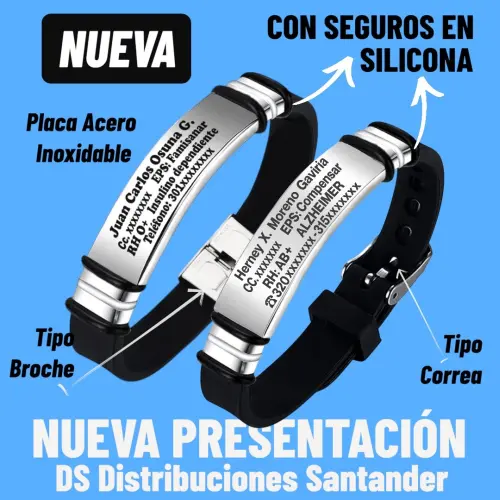 PUBLICIDAD47a Pulsera Manilla identificación, grabada con tus datos personales en Distribuciones Santander